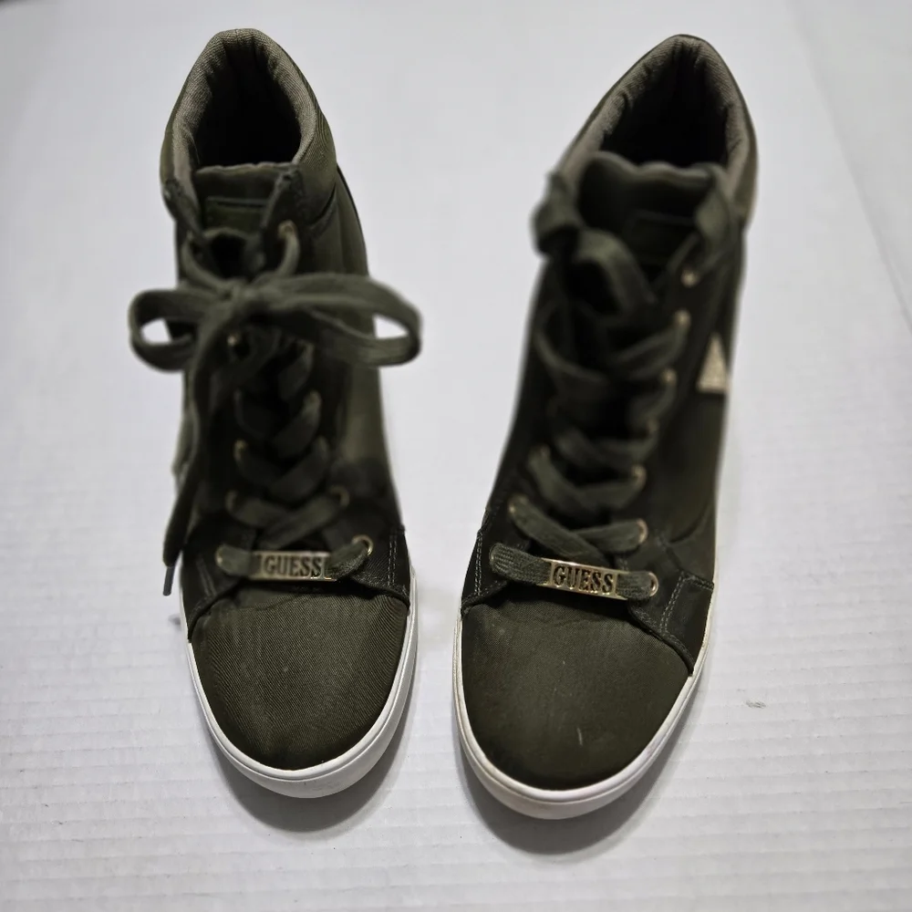 Guess High Top Wedge Sneaker, Lace Up Olive Green, 9